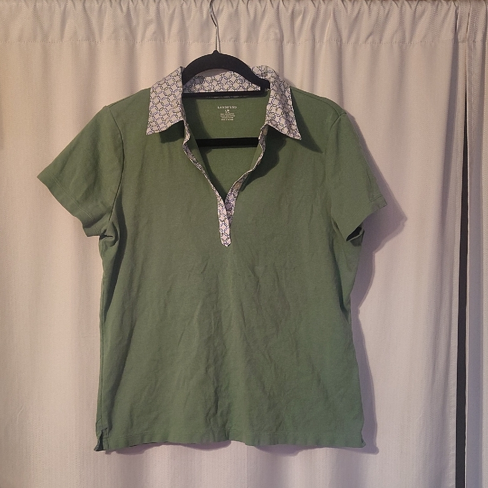 Lands' End Olive Polo with Patterned Collar